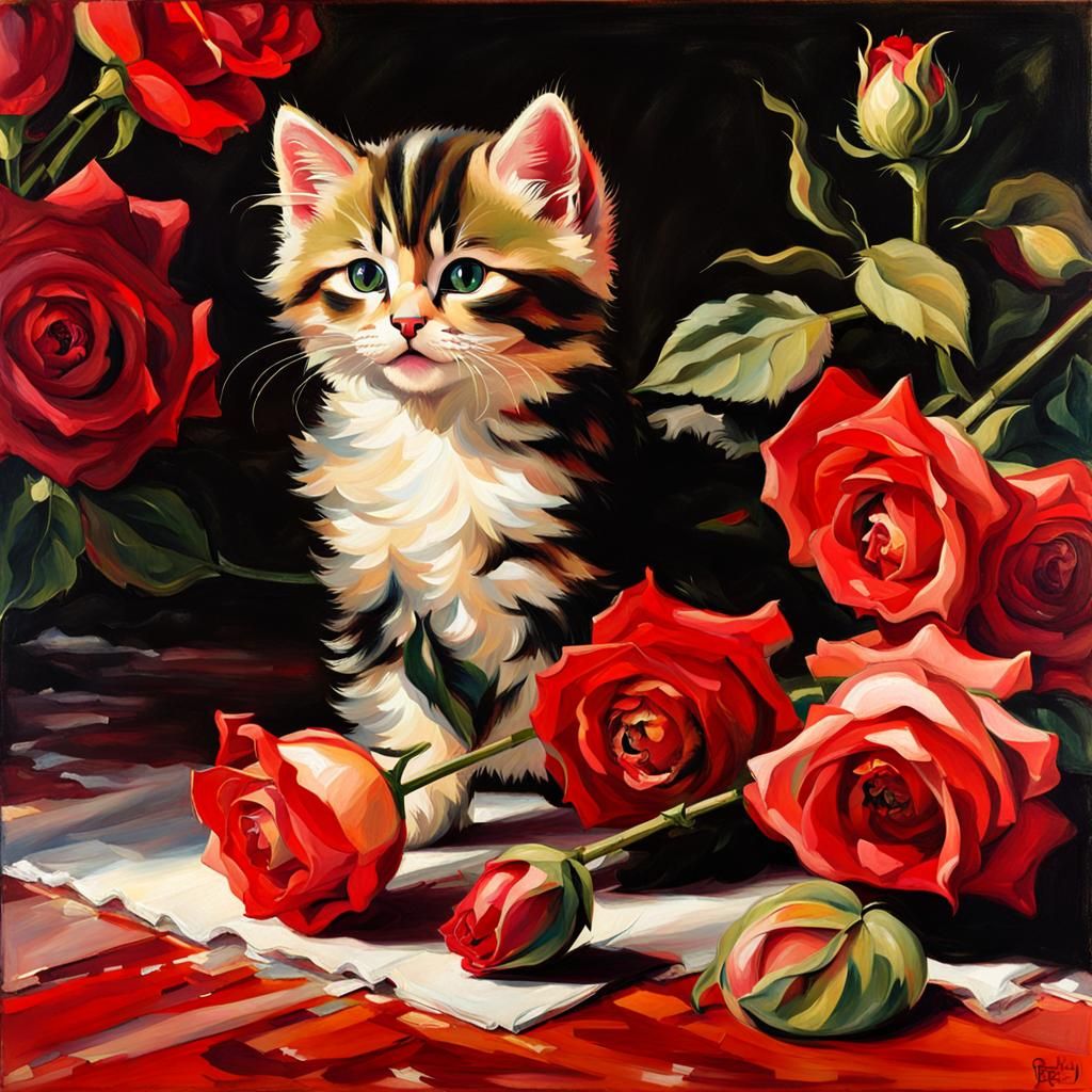 Baroque Kitten Still Life with Roses