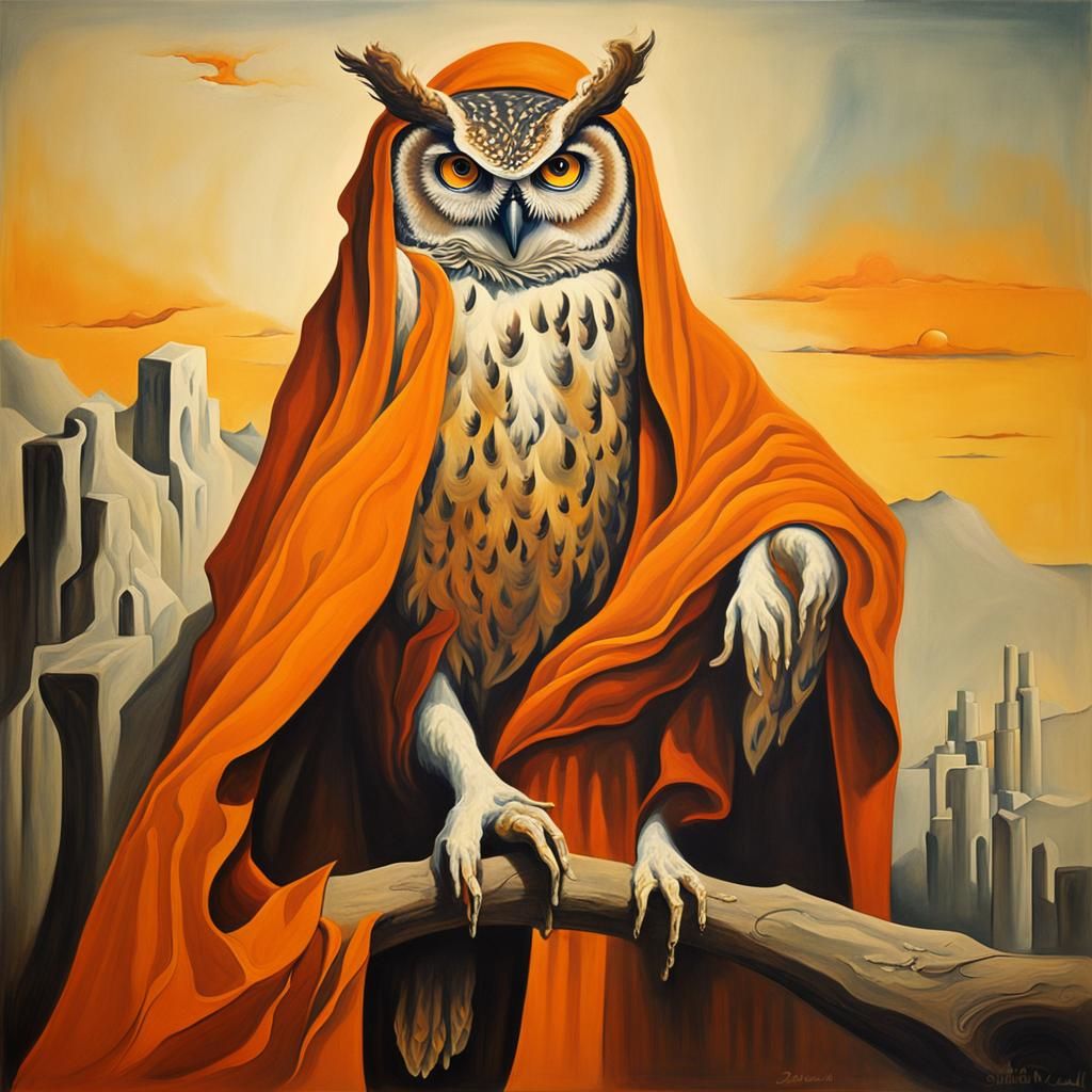 Anthropomorphic Owl in Orange Robes: A Surrealist Vision