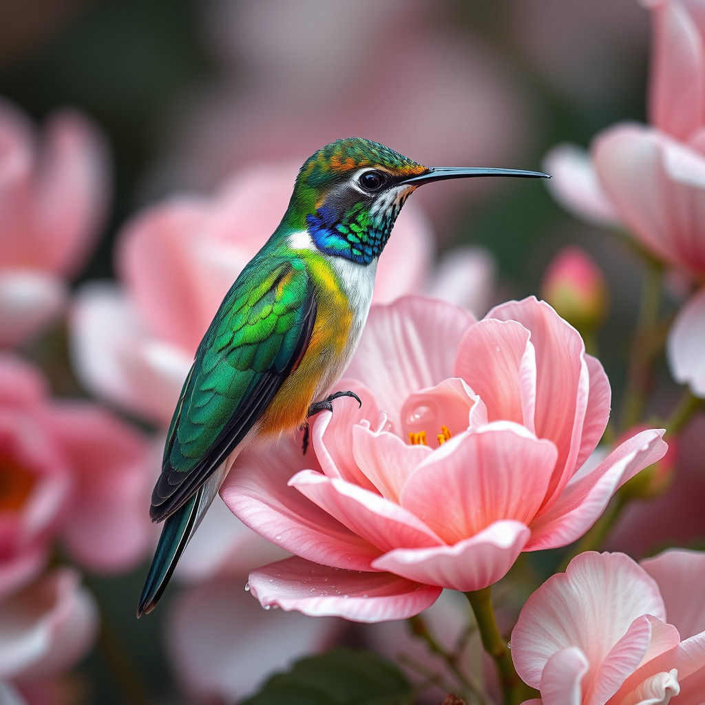 Hummingbird Sipping Nectar in Botanical Art Style