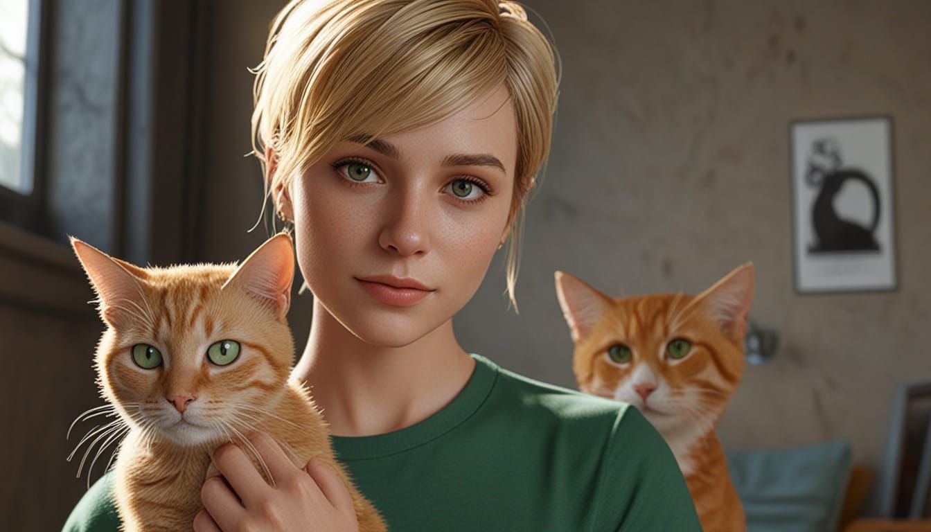 Vibrant Pixie Woman with Cat in Hyperrealistic Art