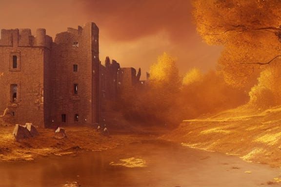 Dark Fantasy Castle Ruins in Autumn, Digital Art