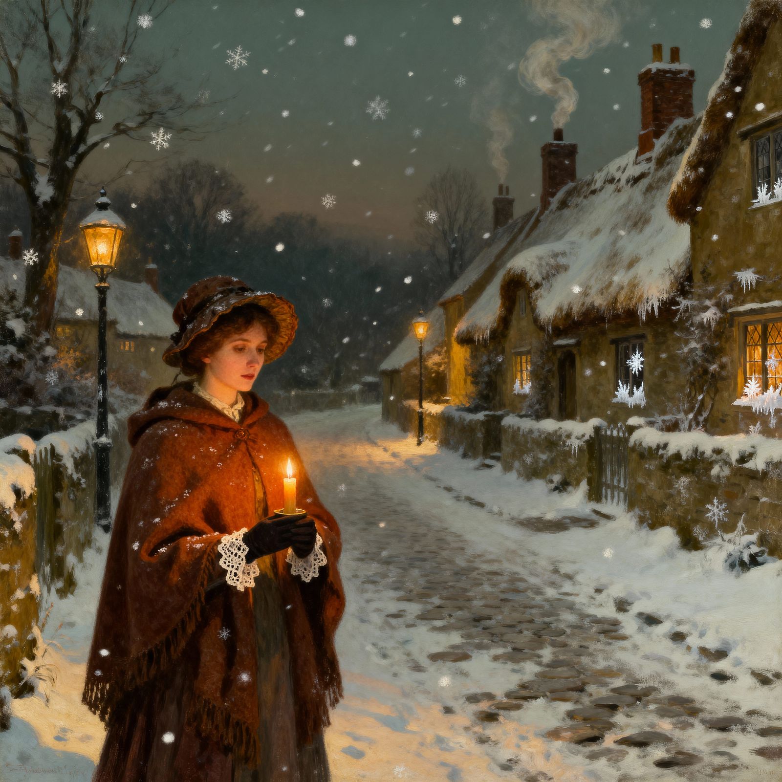 Victorian Woman With Candle in Snowy Village