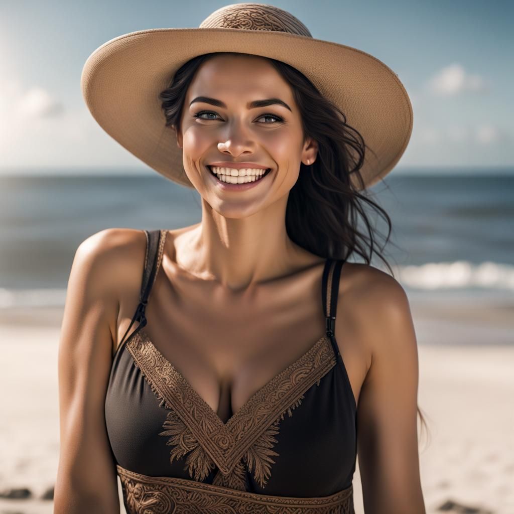 Woman Smiling on Beach with Mesoamerican Influences