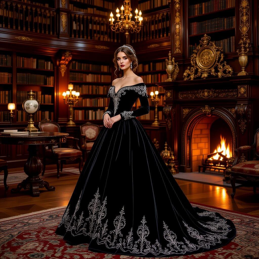 Elegant Woman in Art Nouveau Library