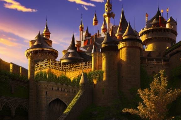 Medieval Castle Scene with Knights and Royalty