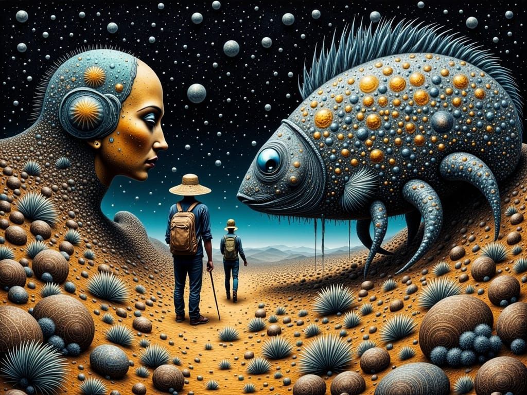 Surrealist Desert Scene with Crabcat and Fishmouse