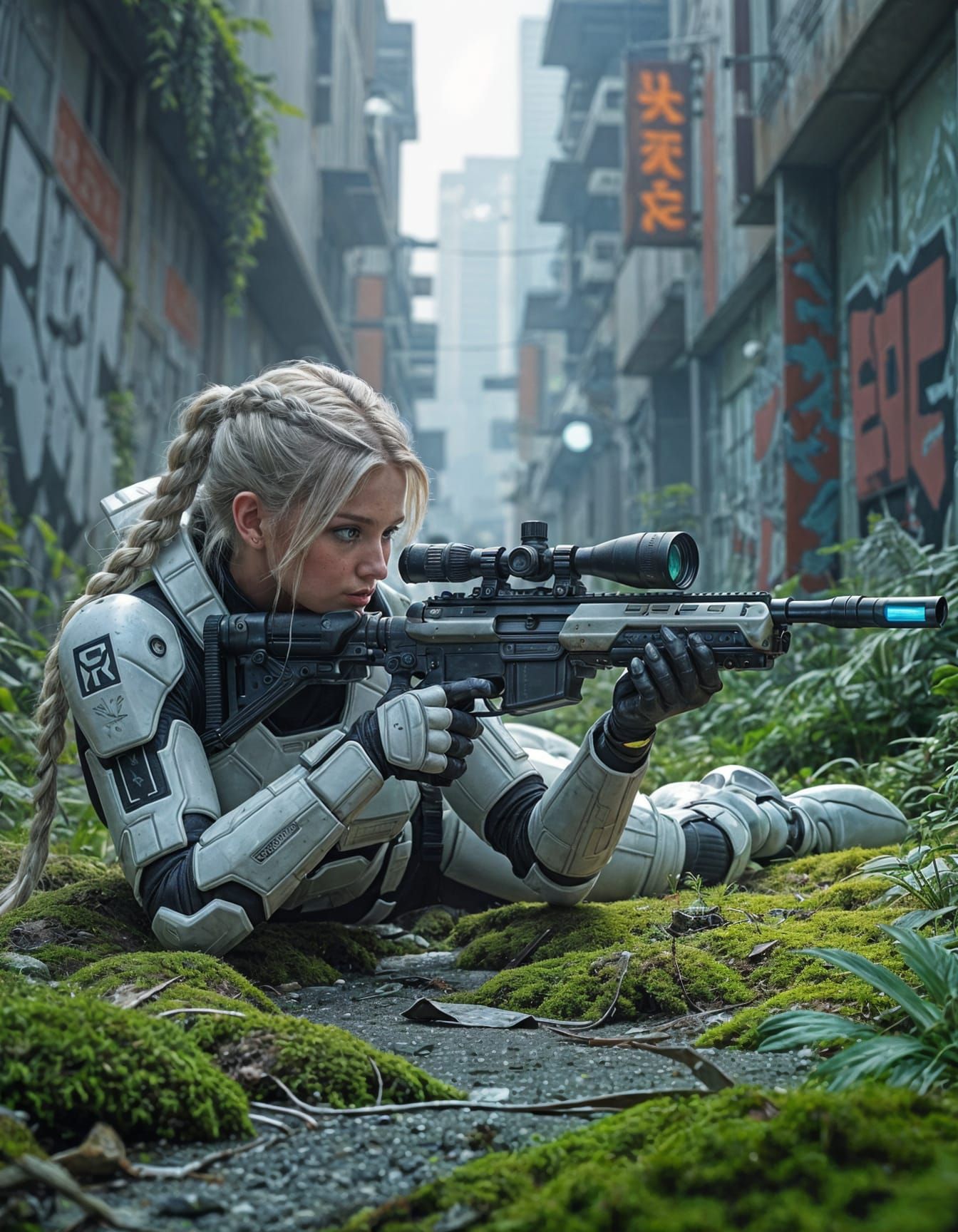 Female Sniper in Urban Jungle, Hyperrealistic Concept Art
