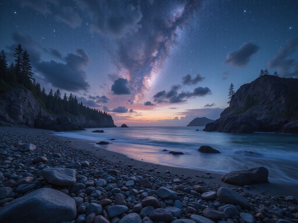 Panoramic Rocky Beach Under Celestial Night Sky