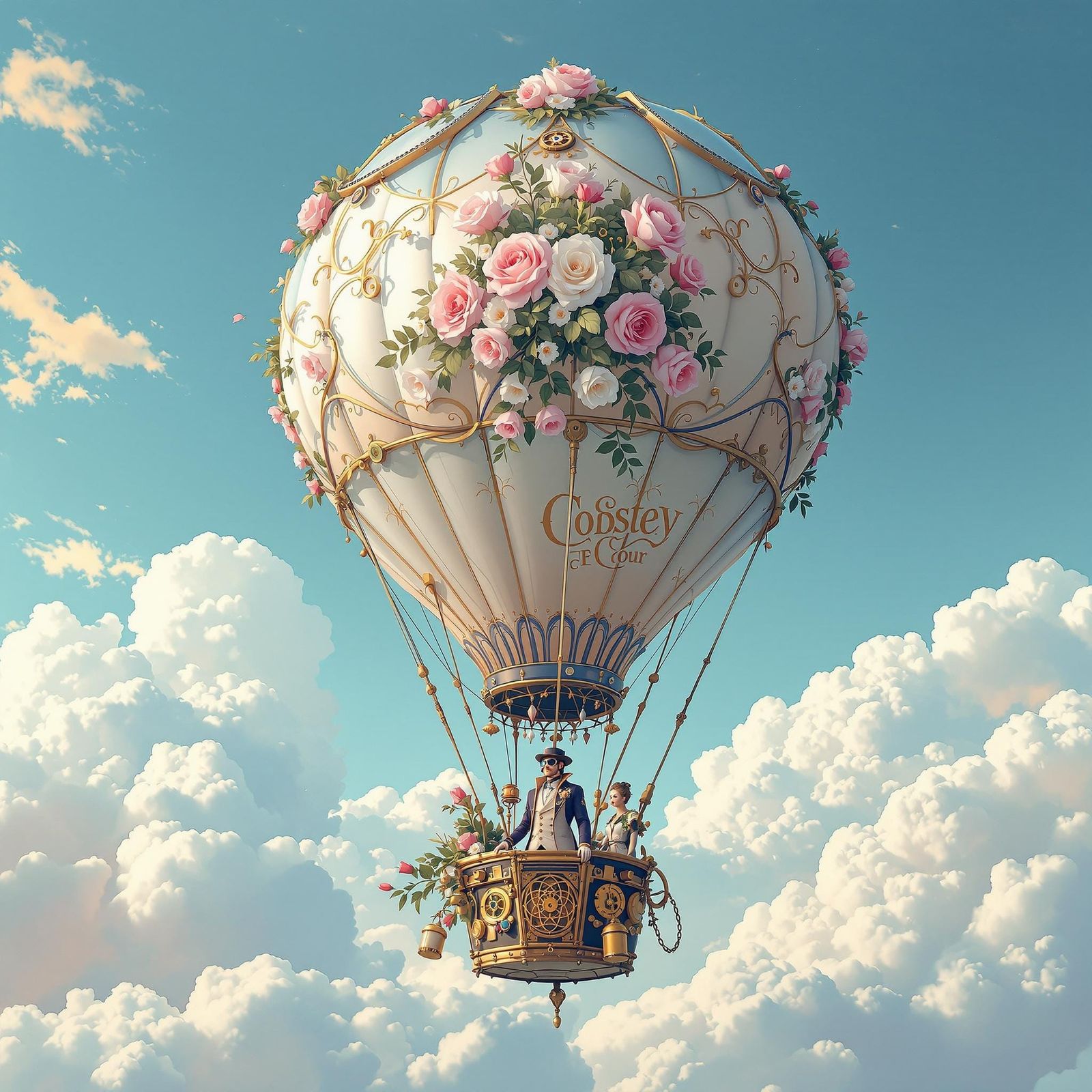 Ethereal Steampunk Hot Air Balloon Ascends in Turquoise Sky