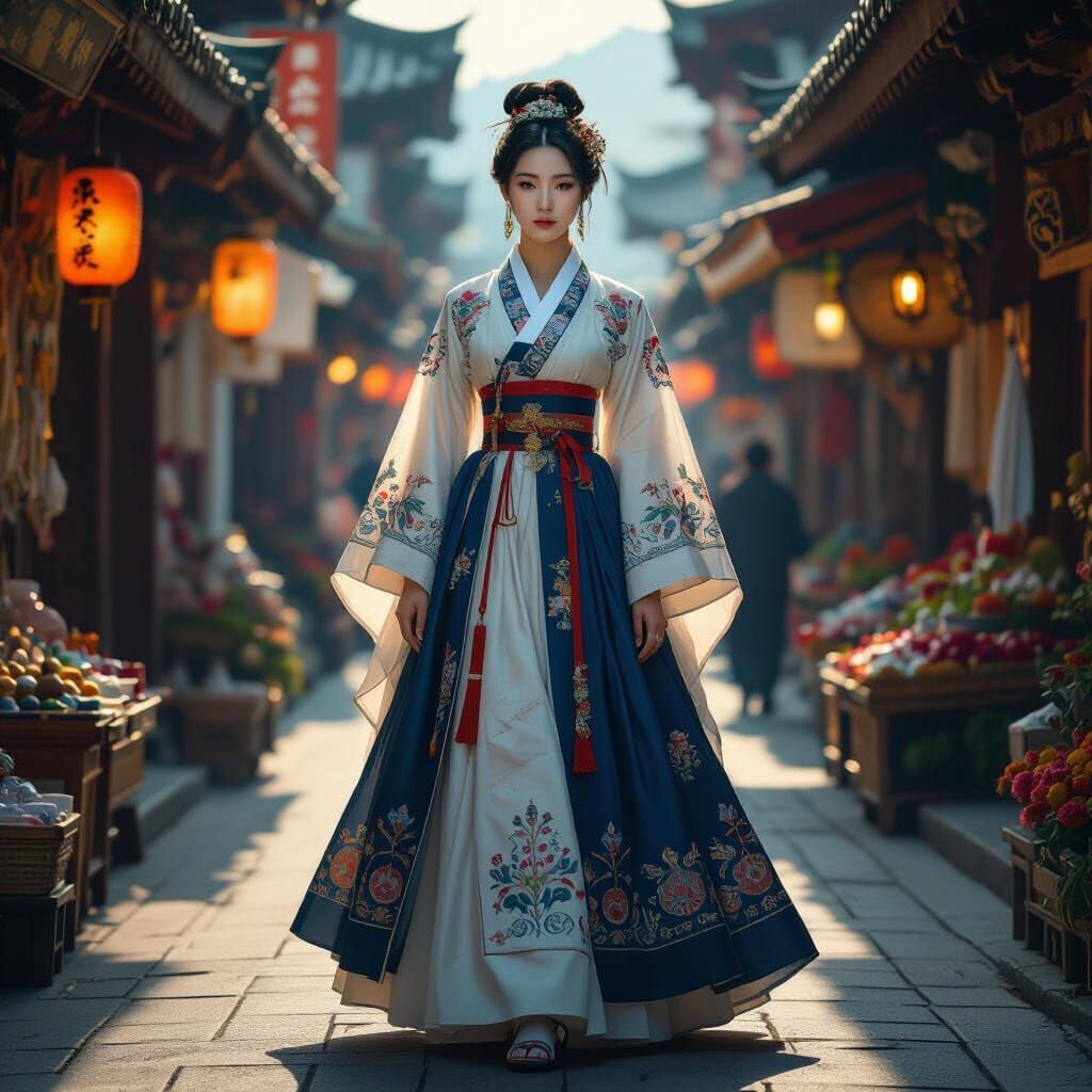 Serene Goddess in Hanbok on Vibrant Market Street