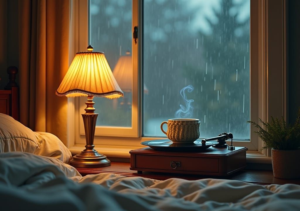Serene Bedroom at Dusk with Rain and Soft Light
