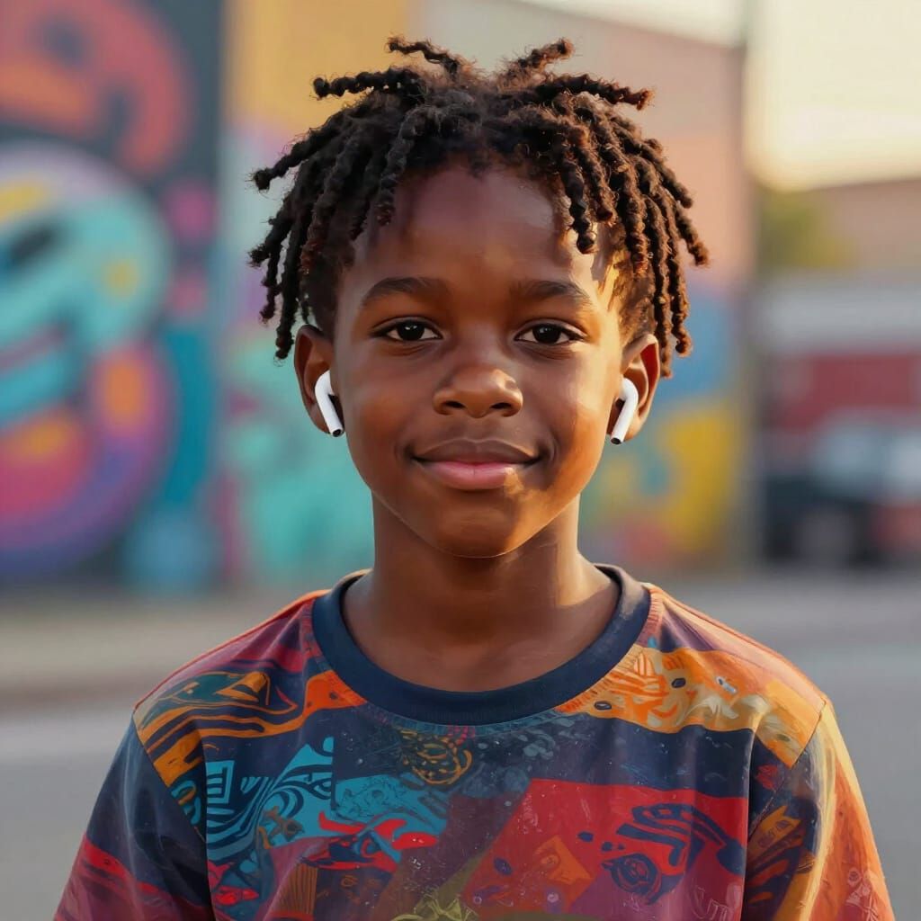 Young Black Boy in Urban Art Setting, Digital Art Style