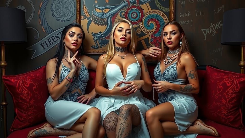 Glamorous Nude with Platinum Hair and Tattoos