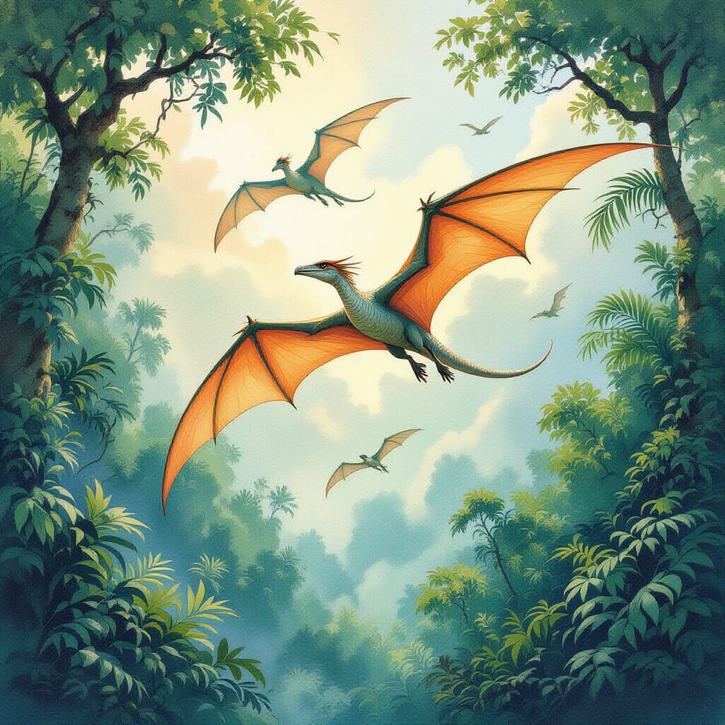 Pterodactyls Soar Above Prehistoric Jungle in Watercolor Sty...