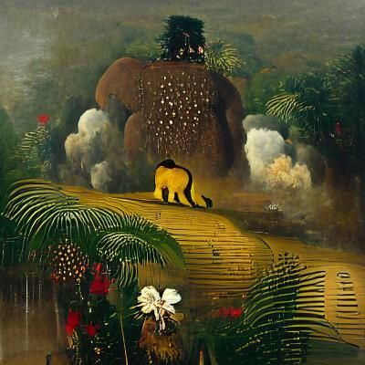 Giant Bear in Jungle, Rousseau-Style Painting