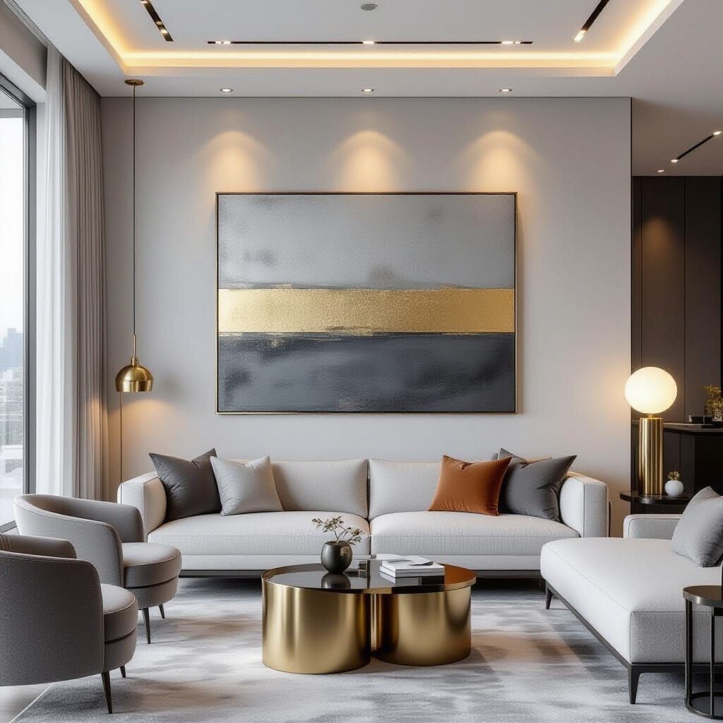 Minimalist Abstract Art with Metallic Stripes in Modern Livi...