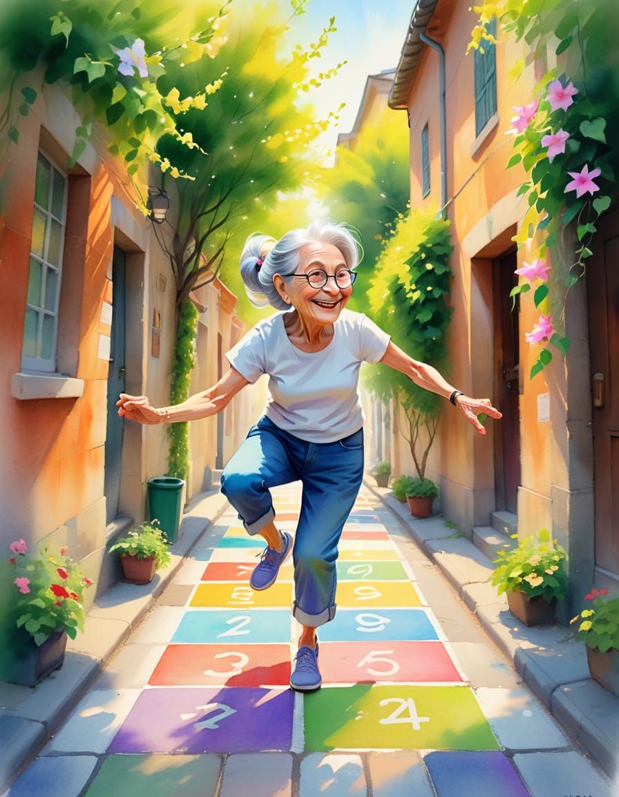 Joyful Hopscotch: An Impressionist Watercolor Painting