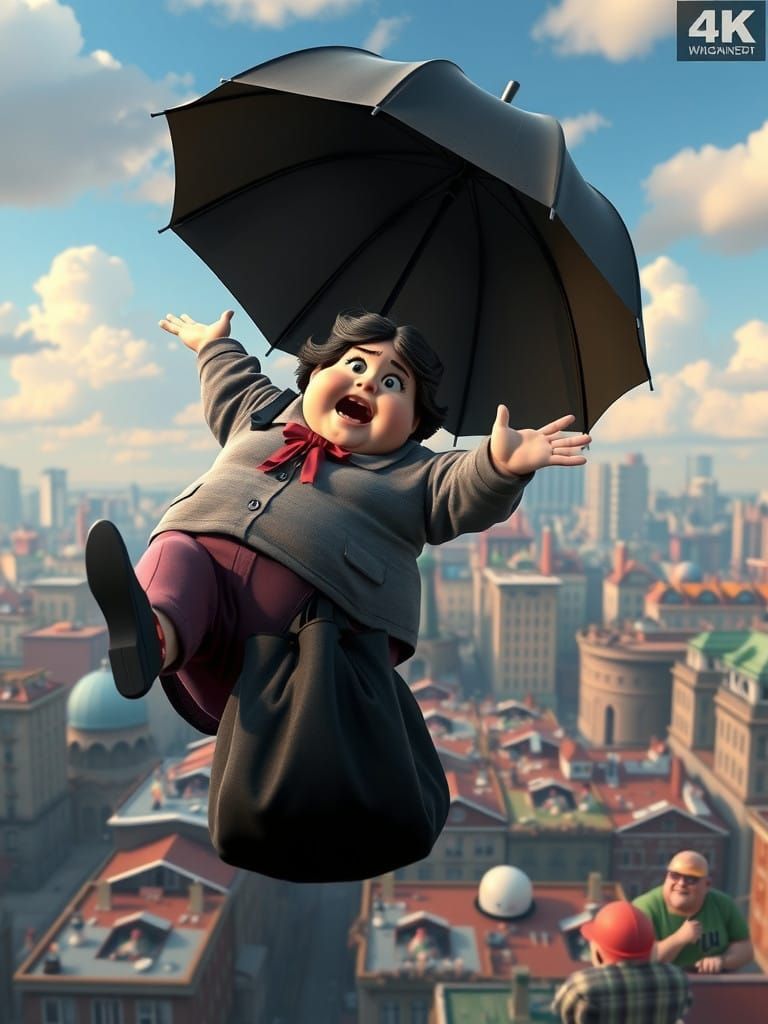 Overweight Mary Poppins Crashes in a Bustling City Scene