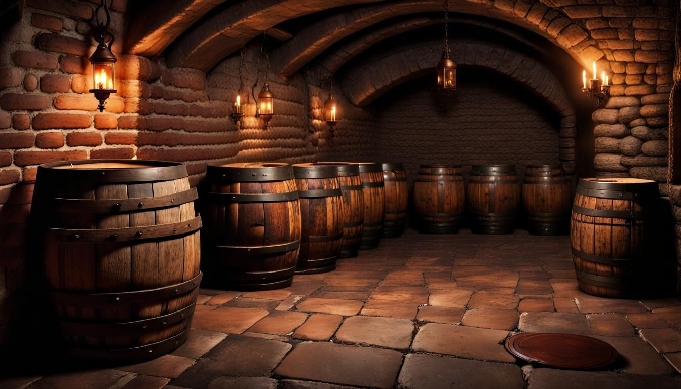 Realistic Rum Cellar with Leaking Barrels and Rats