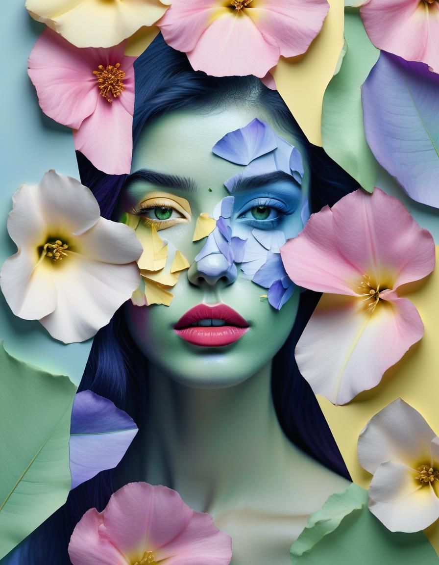 Fragmented Pastel Portrait with Floral Elements