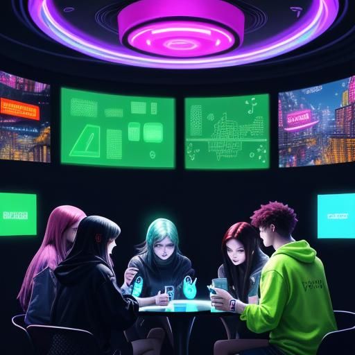 Teenagers Creating AI Art in Cozy, Futuristic Setting