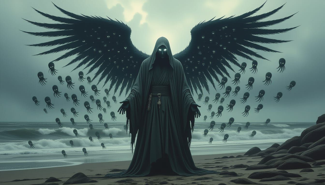 Possessed Man Surrounded by Shadowy Spirits in Dark Surreali...