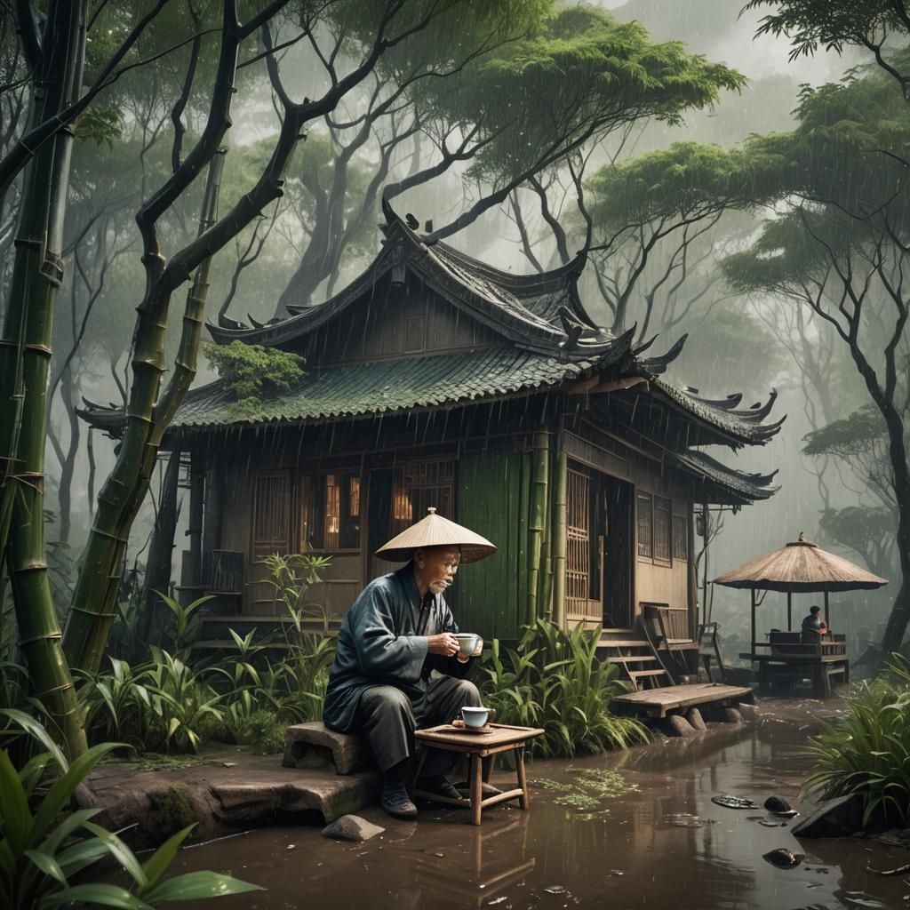 Chinese Man Drinking Tea in Rainy Bamboo Forest