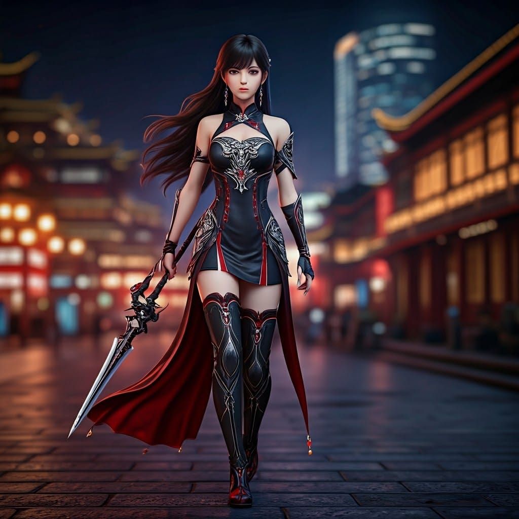 Cyberpunk-Inspired Warrior Woman Strolls Shanghai Streets at...