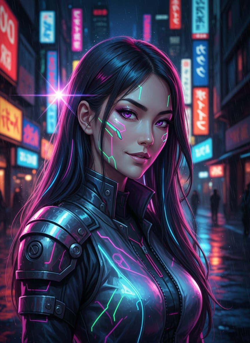 Glamorous Japanese Woman Grinning in Anime Style City Night