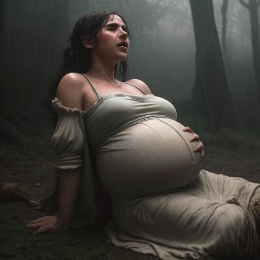 Distressed Pregnant Peasant Woman in Medieval Forest