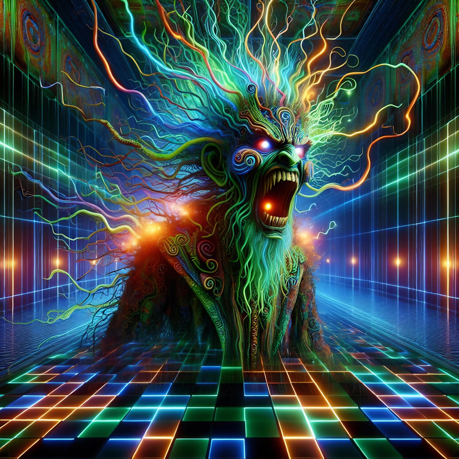 Psychedelic Anthropomorphic Figure in Futuristic Cityscape