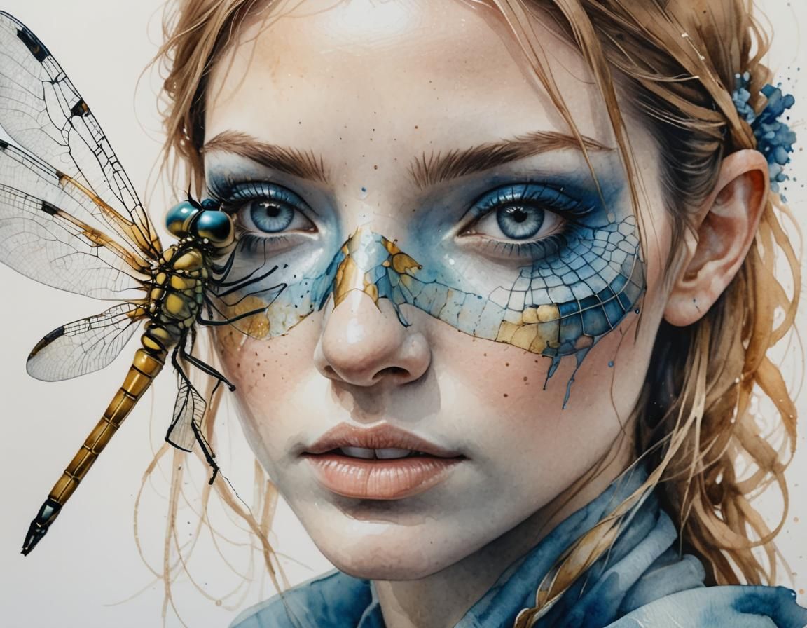 Girl with Dragonfly: Detailed Watercolour and Ink Sketch