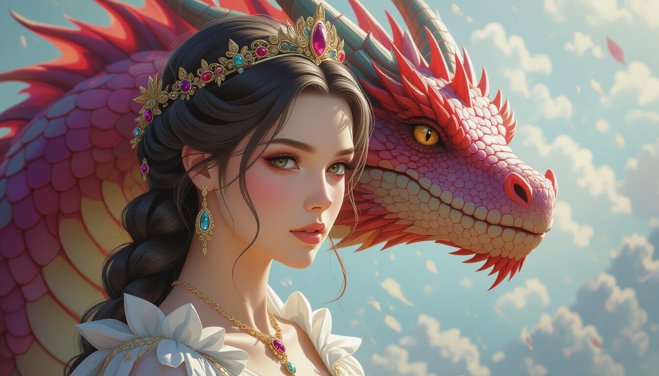 Princess and Dragon Portrait in Hyperrealistic Splash Art