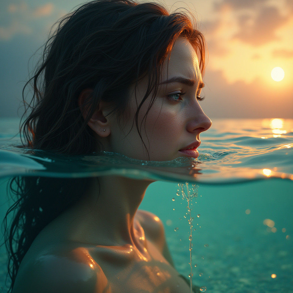 Woman's Tears Flood the Landscape in Hyperrealistic Style