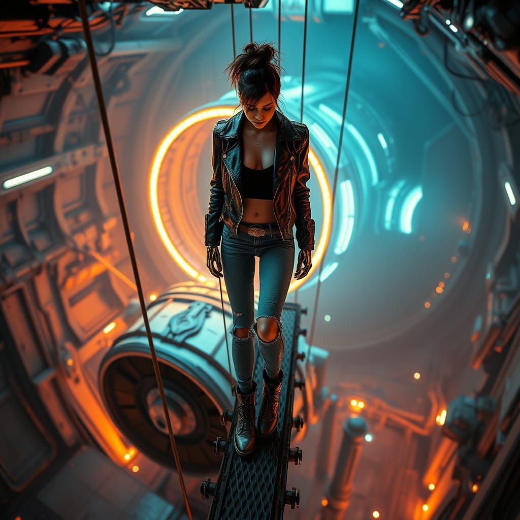 Cyberpunk Goddess Strides Across Retrofuturistic Spaceship