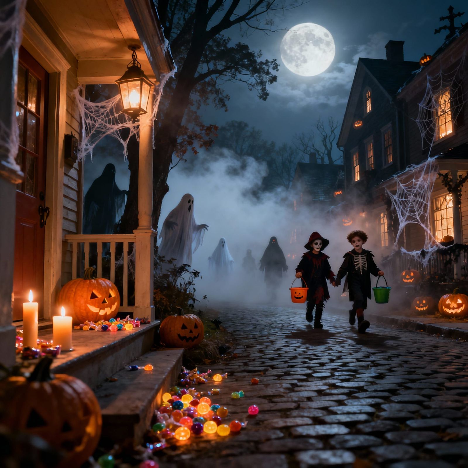 Spooky Halloween Night in a Foggy Town