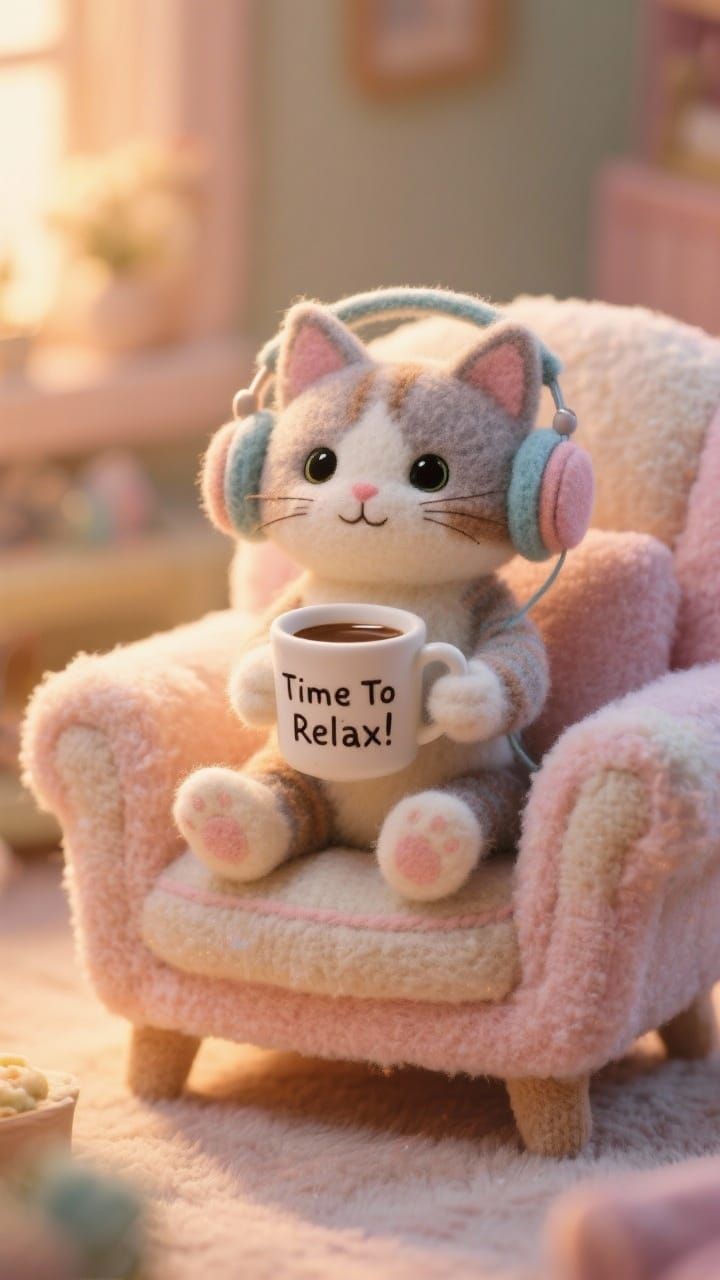 Cozy Felt Cat Enjoys Coffee in Plush Chair