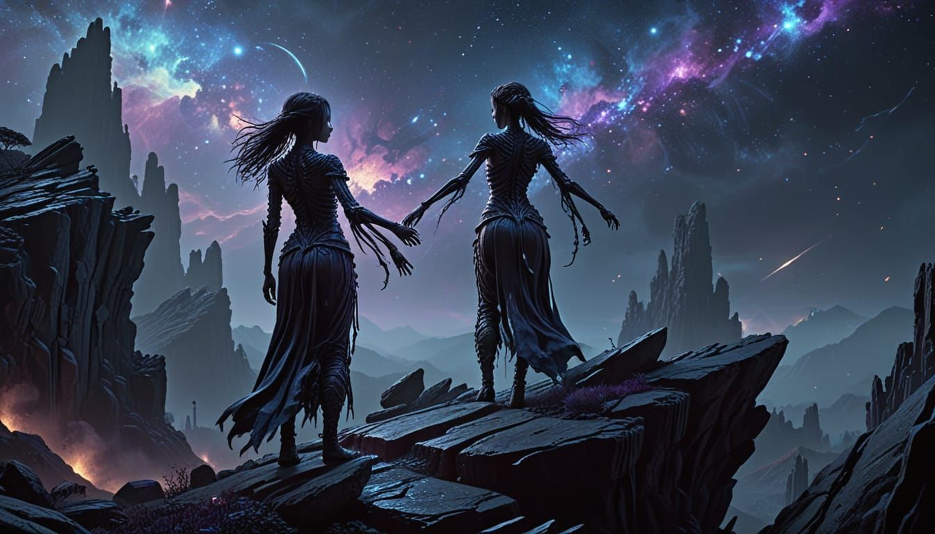 Gothic Girl Gazing at Cosmic Horror Sky