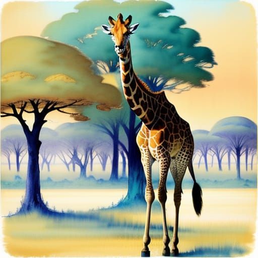 Watercolor Giraffe Walking on African Plain