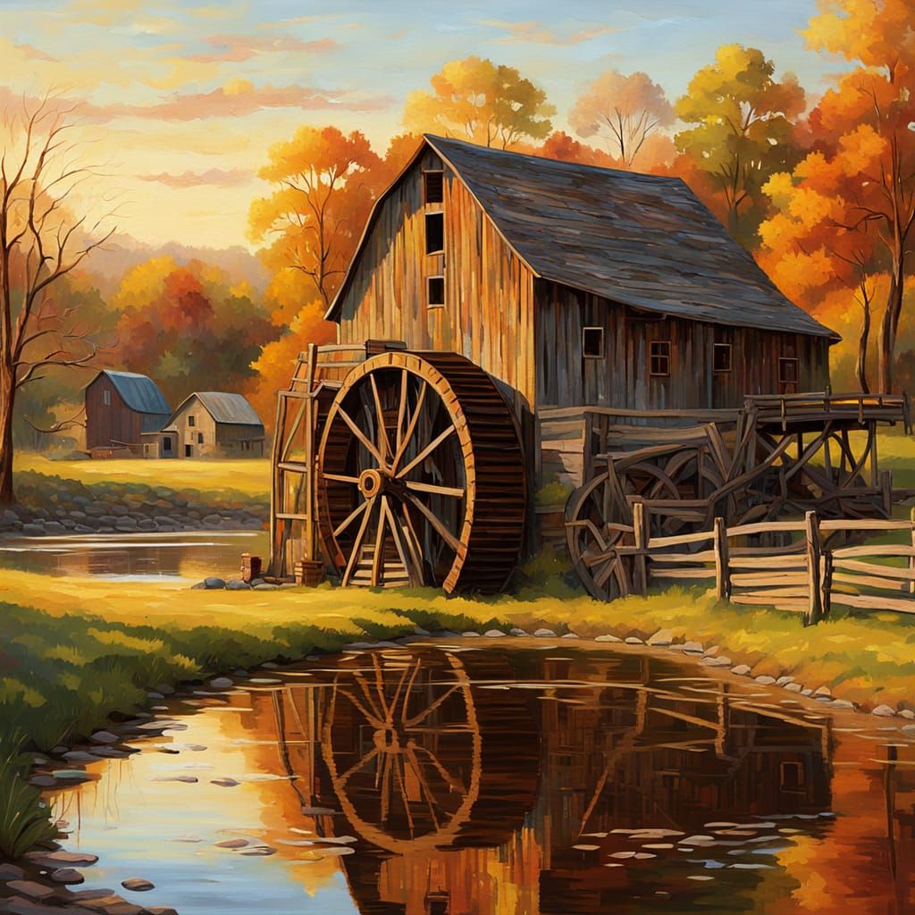 Old Timer Contemplates a Rustic Waterwheel in a Golden Count...