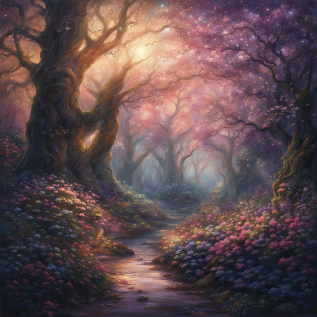 Whimsical Fairy Forest with Cosmic Sky