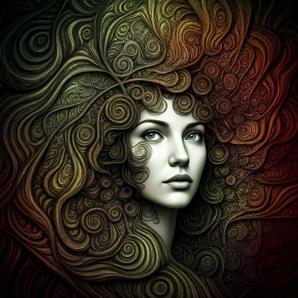 Thoughtful Woman Surrounded by Fractal Puzzle in Zentangle S...