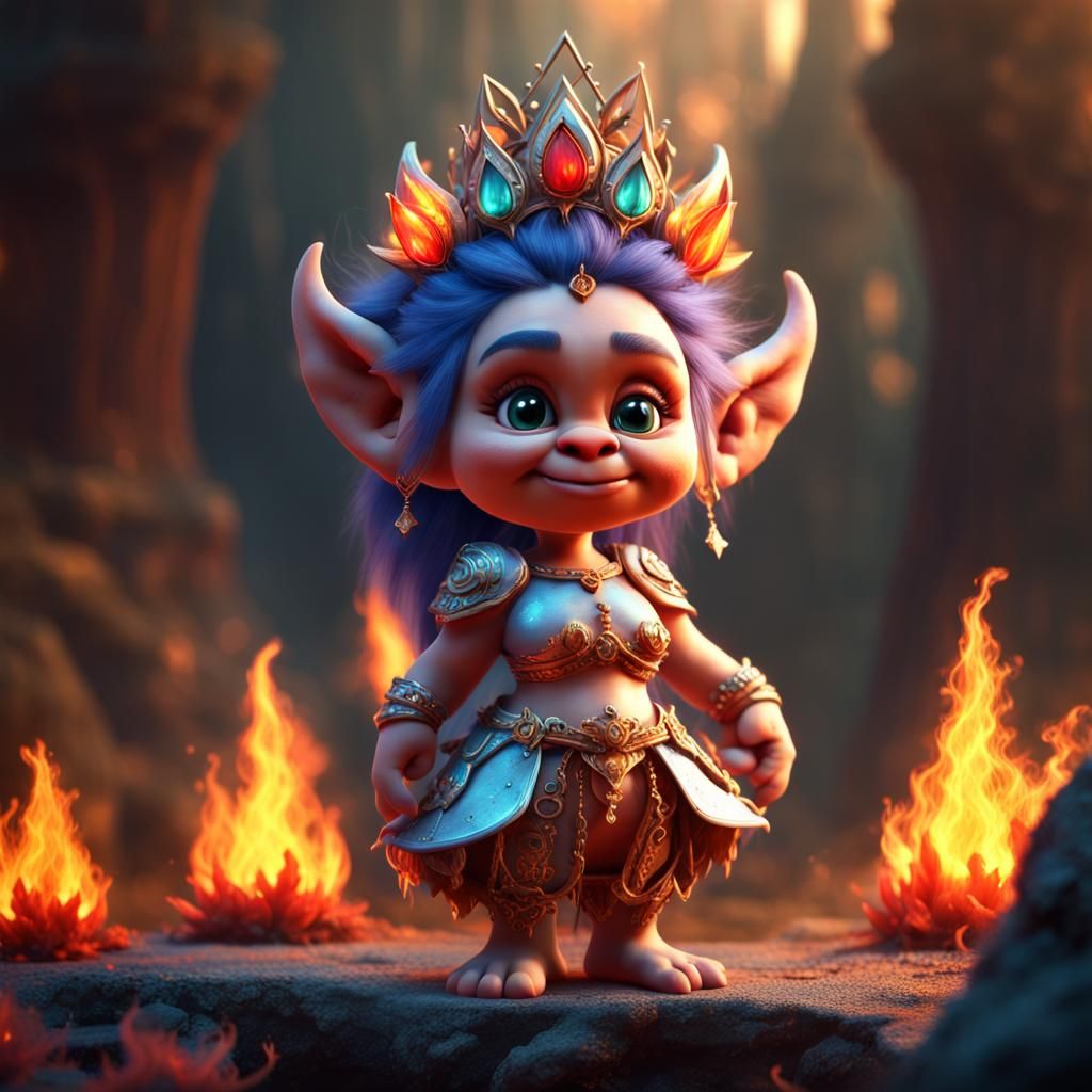 Mini Princess Troll with Fire Dress, Digital Art