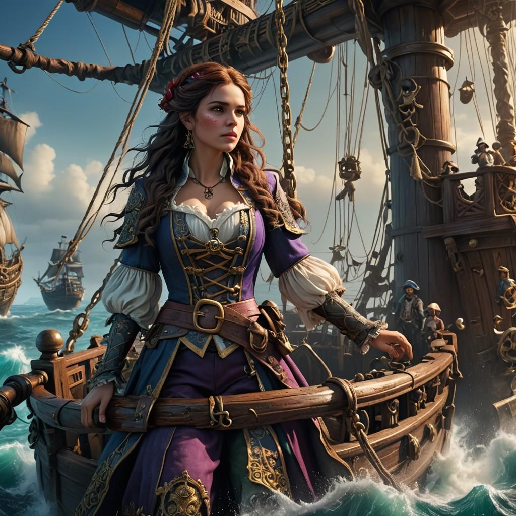 Pirate Captain Commands Princess on Ship: Matte Painting