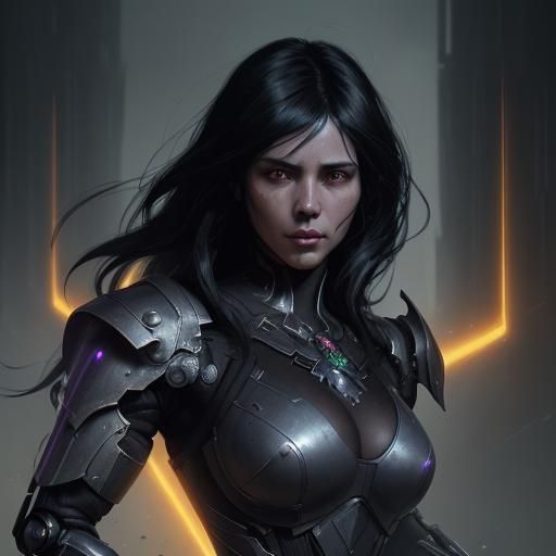 Militant Black-Haired Robot Woman: Dark Fantasy Art