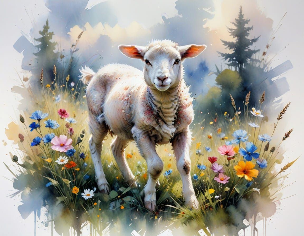 Lamb Frolicking in Wildflower Meadow as Oil Painting