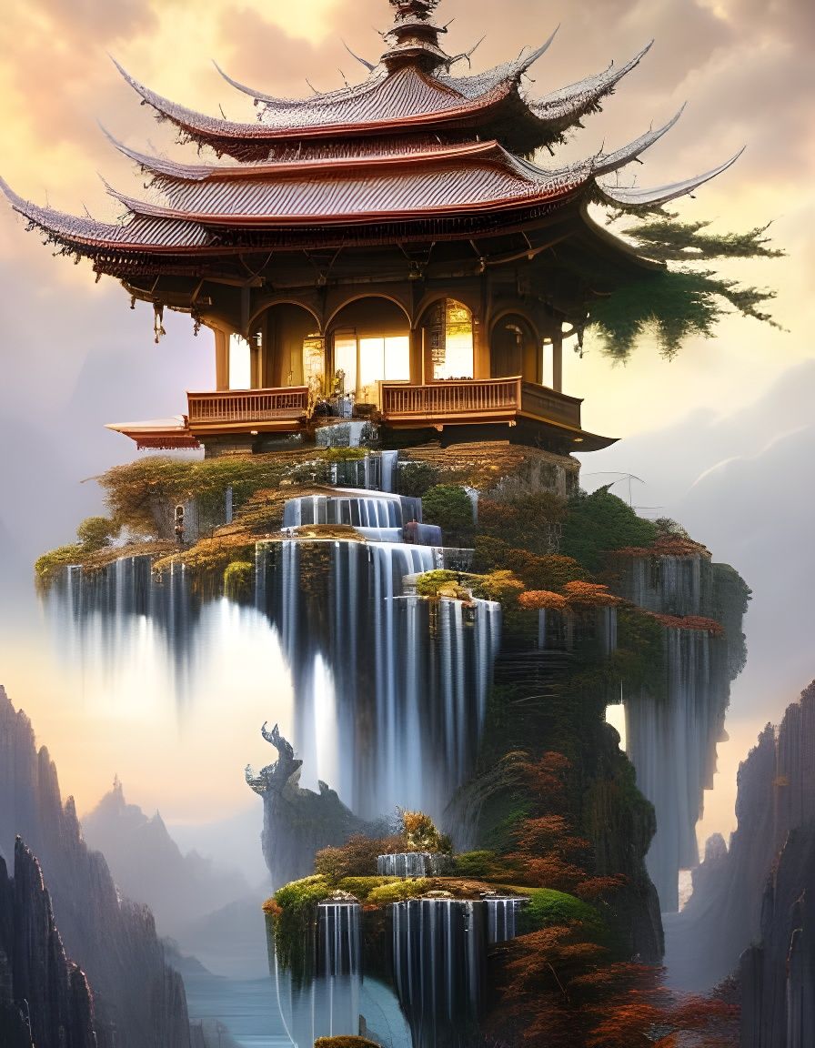 Crystal Bonsai Cityscape on Waterfall: Digital Art