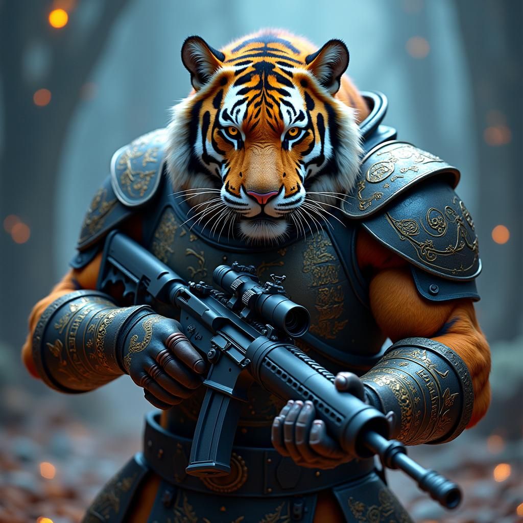 Armored Tiger with Rifle in Fantasy Art Style