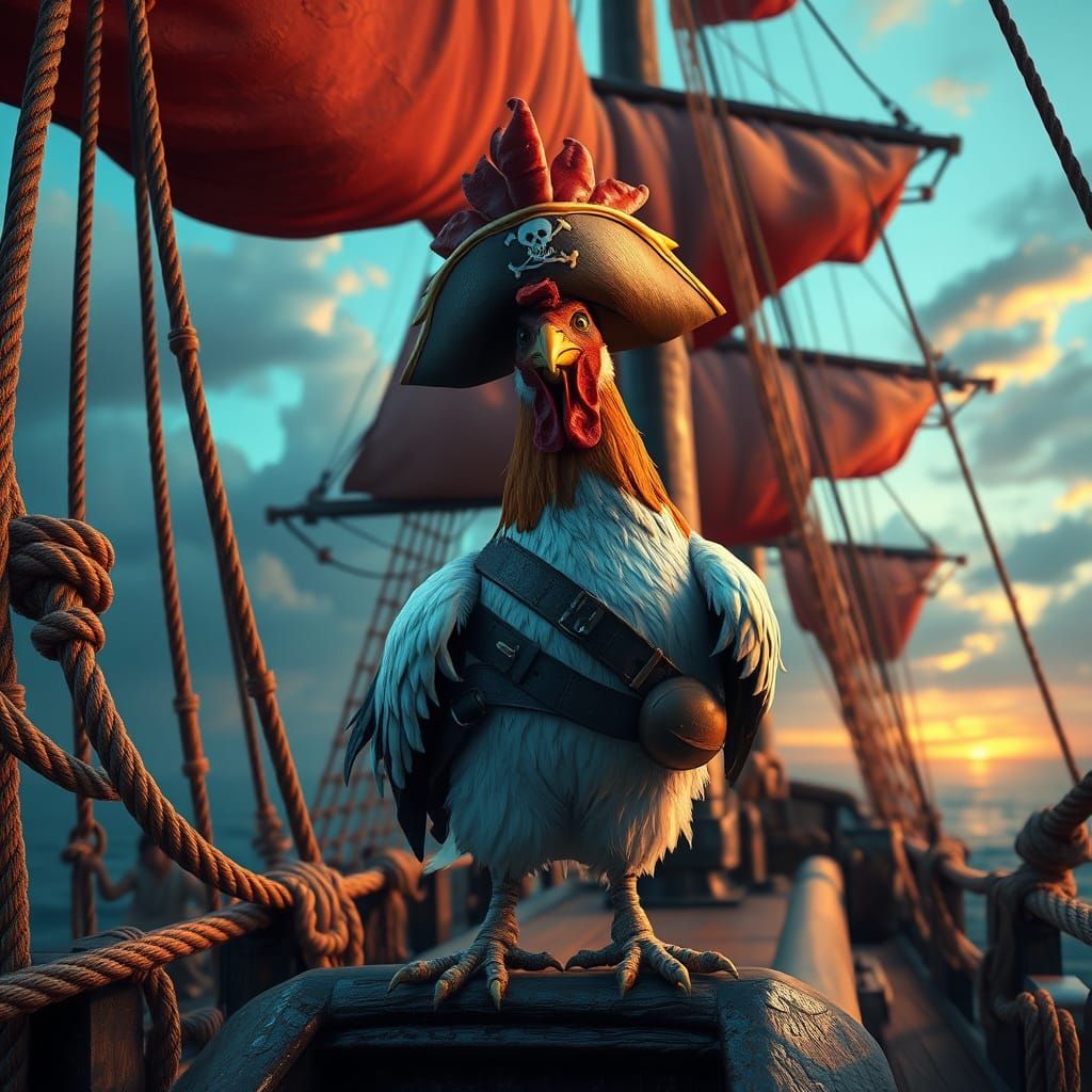 Pirate Chicken Captain on Deck as Matte Painting