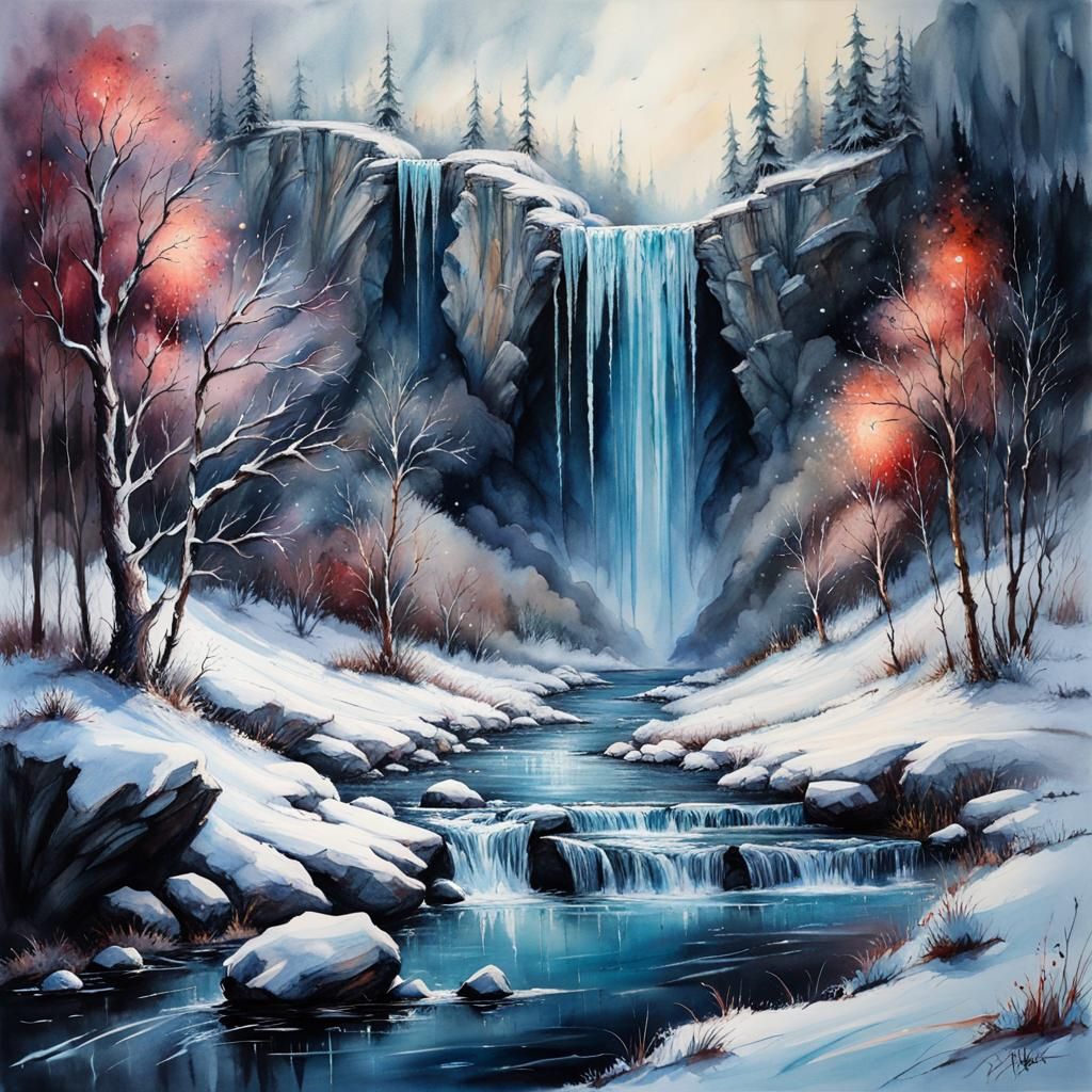 Majestic Frozen Waterfall in Dark Fantasy Style